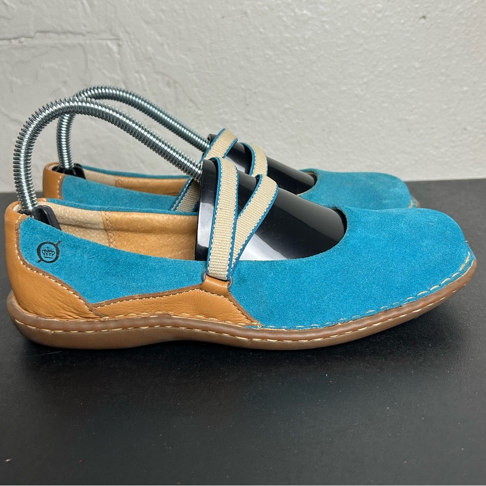 Born Teal Suede Mary Jane Flats with Tan Leather Accents